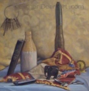 A 'slow' painting with about 20 hours of work invested.  "Daddy's Objects" by Ginger Dean , oil on linen 20 x 20 in