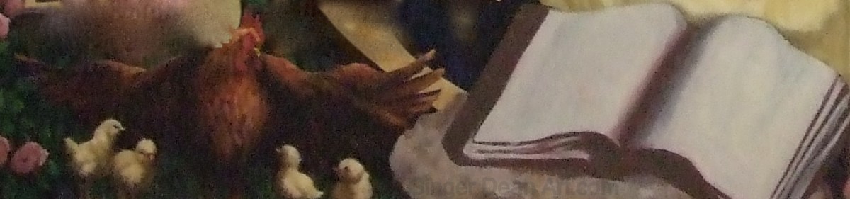 Mural spring panel close up of hen gathering chicks and open scriptures on a rock