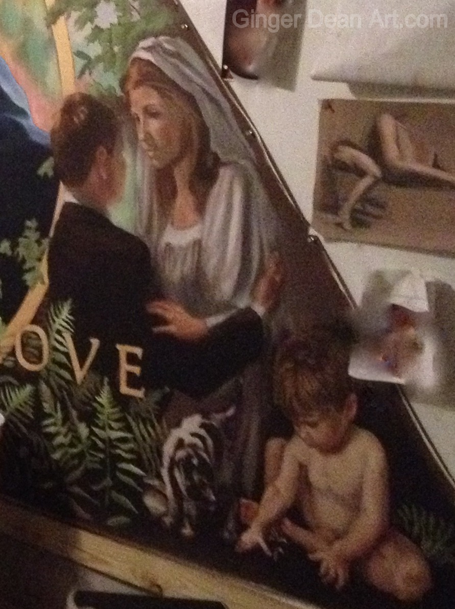 Mural spring panel close up of bride & groom, puppy & child